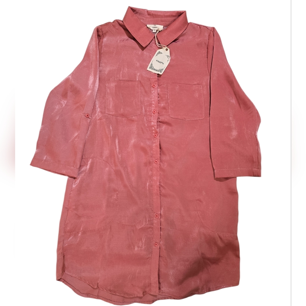 Entro Oversized Button Tunic Top Womens Sz M Pink Relaxed Shirt Dress